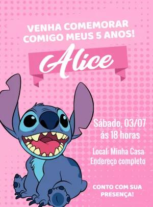 Convite de Aniversário Stitch Rosa para Editar Online