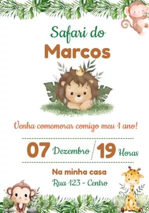 Convite Aniversário Safari Baby com Animais para Editar Online