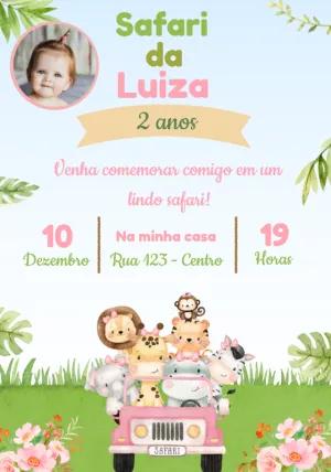 Convite Aniversário Safari Baby com Foto para Editar Online
