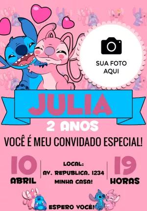 Convite Aniversário Stitch e Angel com Foto para Editar Online