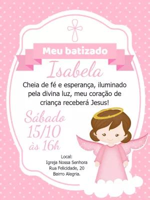 Convite de Batizado Anjinha Rosa para Editar Online