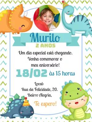 Convite Aniversário Dinossauro com Foto para Editar Online