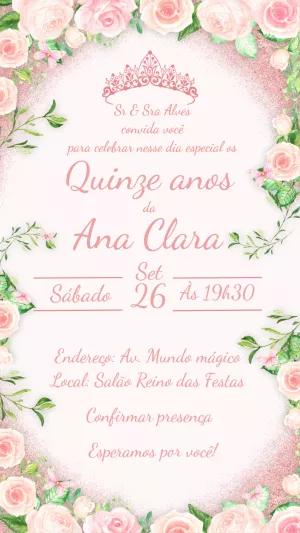 Convite 15 Anos Floral Rosé com Coroa para Editar Online