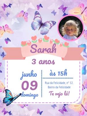 Convite Aniversário Borboletas com Foto para Editar Online