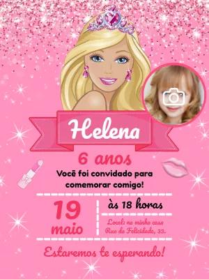 Convite Aniversário Barbie Glitter com Foto para Editar Online