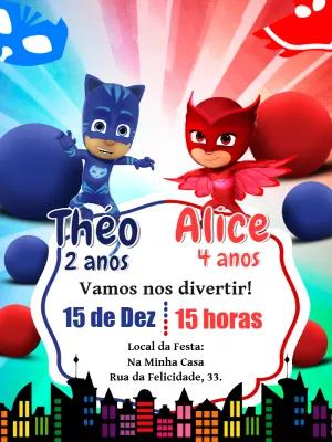 Convite Aniversário Duplo PJ Masks para Editar Online