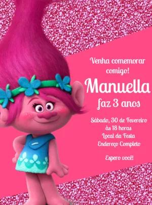 Convite de Aniversário Trolls com a Poppy para Editar Online