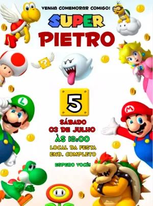 Convite Aniversário Super Mario com Personagens para Editar