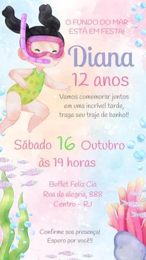 Convite Aniversário Fundo do Mar Menina para Editar Online