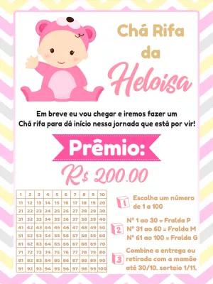 Convite Chá Rifa de Menina Ursinha Rosa para Editar Online