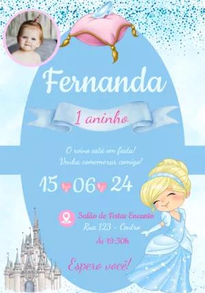 Convite Aniversário Cinderela com Foto para Editar Online