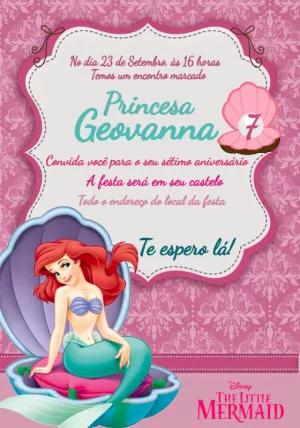 Convite Aniversário Ariel Pequena Sereia para Editar Online