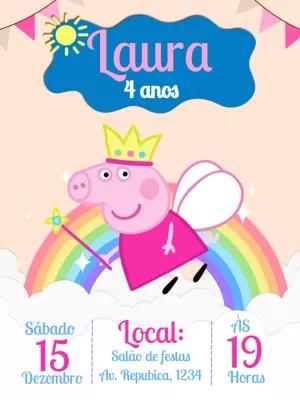 Convite de Aniversário Peppa Pig Fada no Arco-Íris para Editar