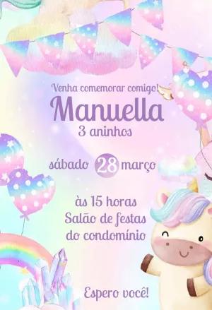 Convite de Aniversário Unicórnio Fofo para Editar Online