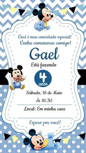 Convite Aniversário Mickey Baby Azul para Editar Online