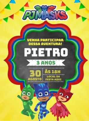 Convite de Aniversário PJ Masks com Personagens para Editar