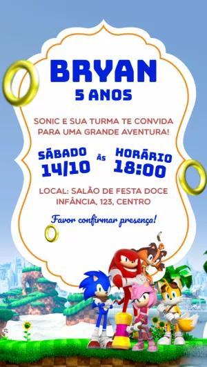 Convite de Aniversário Sonic e sua Turma para Editar Online