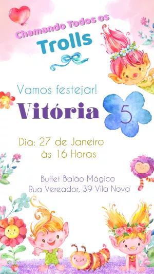 Convite de Aniversário Trolls com Personagens para Editar