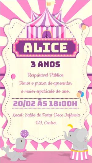 Convite Aniversário Circo Rosa para Menina Editável Online