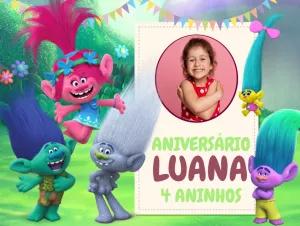 Painel de Aniversário Trolls com Foto para Editar Online