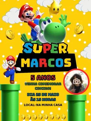 Convite de Aniversário Super Mario com Foto para Editar Online