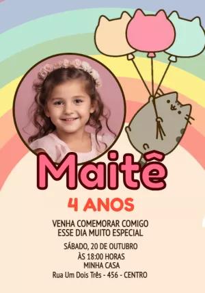 Convite Aniversário Pusheen com Foto para Editar Online
