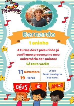 Convite Aniversário 3 Palavrinhas com Foto para Editar Online