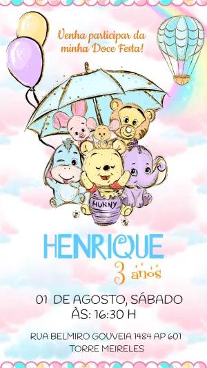Convite Aniversário Ursinho Pooh Aquarela para Editar Online