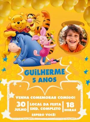 Convite Aniversário Ursinho Pooh com Foto para Editar Online