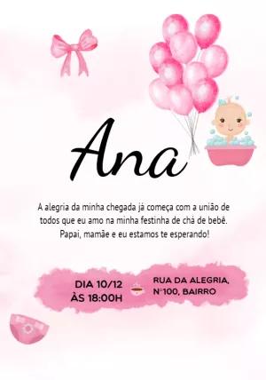 Convite Chá de Bebê Menina Rosa Aquarela para Editar Online