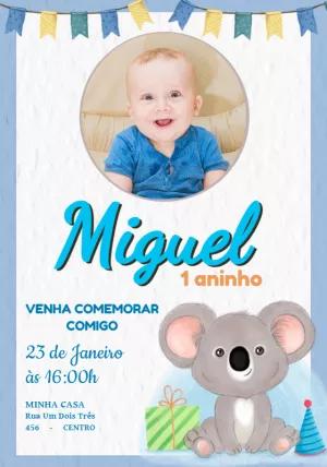 Convite de Aniversário Coala com Foto para Editar Online