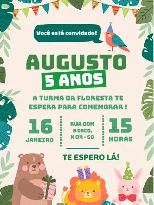 Convite Aniversário Safari com Animais Fofos para Editar