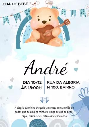 Convite Chá de Bebê Ursinho Azul com Violão para Editar Online