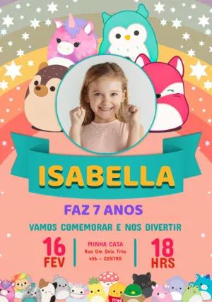 Convite Aniversário Squishmallows com Foto para Editar Online