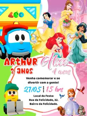 Convite Aniversário Duplo Léo o Caminhão e Princesas para Editar