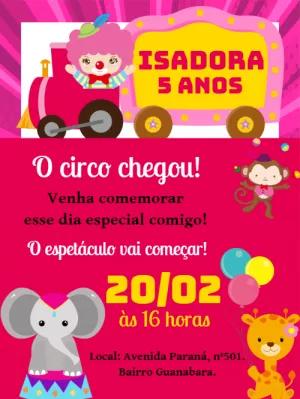 Convite Aniversário Circo Rosa com Animais para Editar Online