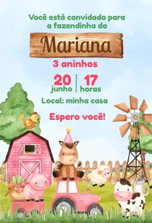 Convite Aniversário Fazendinha Rosa para Editar Online
