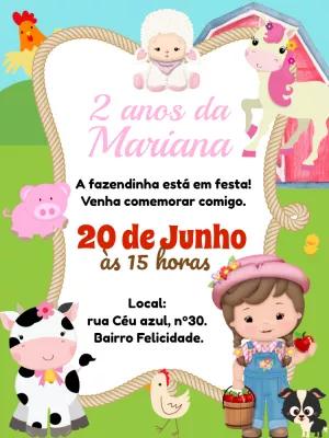 Convite Aniversário Fazendinha Menina com Animais para Editar