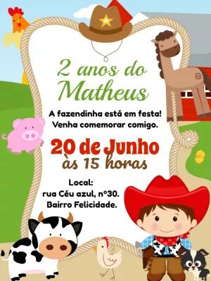 Convite Aniversário Fazendinha com Animais para Editar Online