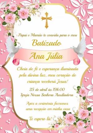 Convite Batizado Menina Floral Rosa e Dourado para Editar