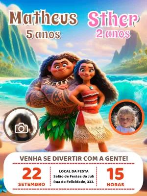 Convite Aniversário Duplo Moana e Maui com Foto para Editar