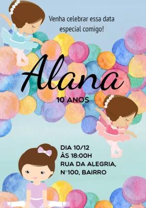 Convite Aniversário Bailarina Aquarela para Editar Online