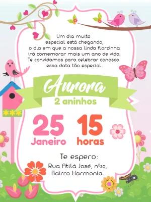 Convite Aniversário Jardim Encantado com Passarinhos para Editar