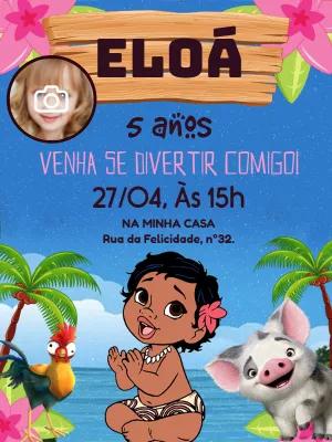 Convite Aniversário Moana Baby com Foto para Editar Online