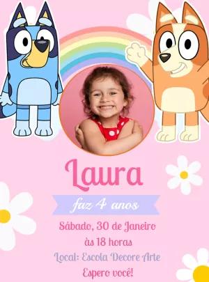 Convite Aniversário Bluey e Bingo com Foto para Editar Online