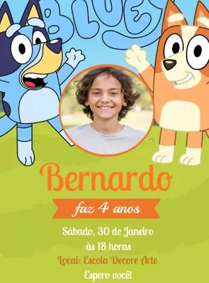 Convite de Aniversário Bluey e Bingo com Foto para Editar