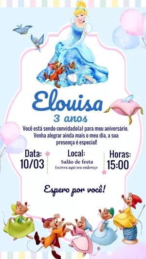 Convite Aniversário Cinderela com Ratinhos para Editar Online