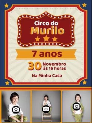 Convite Aniversário Circo com Foto para Editar Online