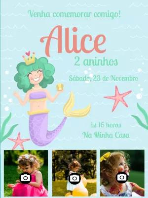 Convite de Aniversário Sereia com Foto para Editar Online