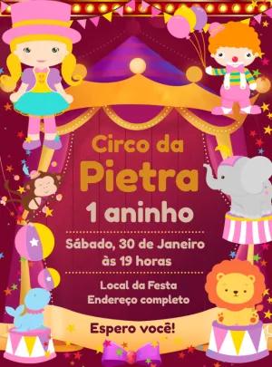 Convite Aniversário Circo Rosa com Animais para Editar Online